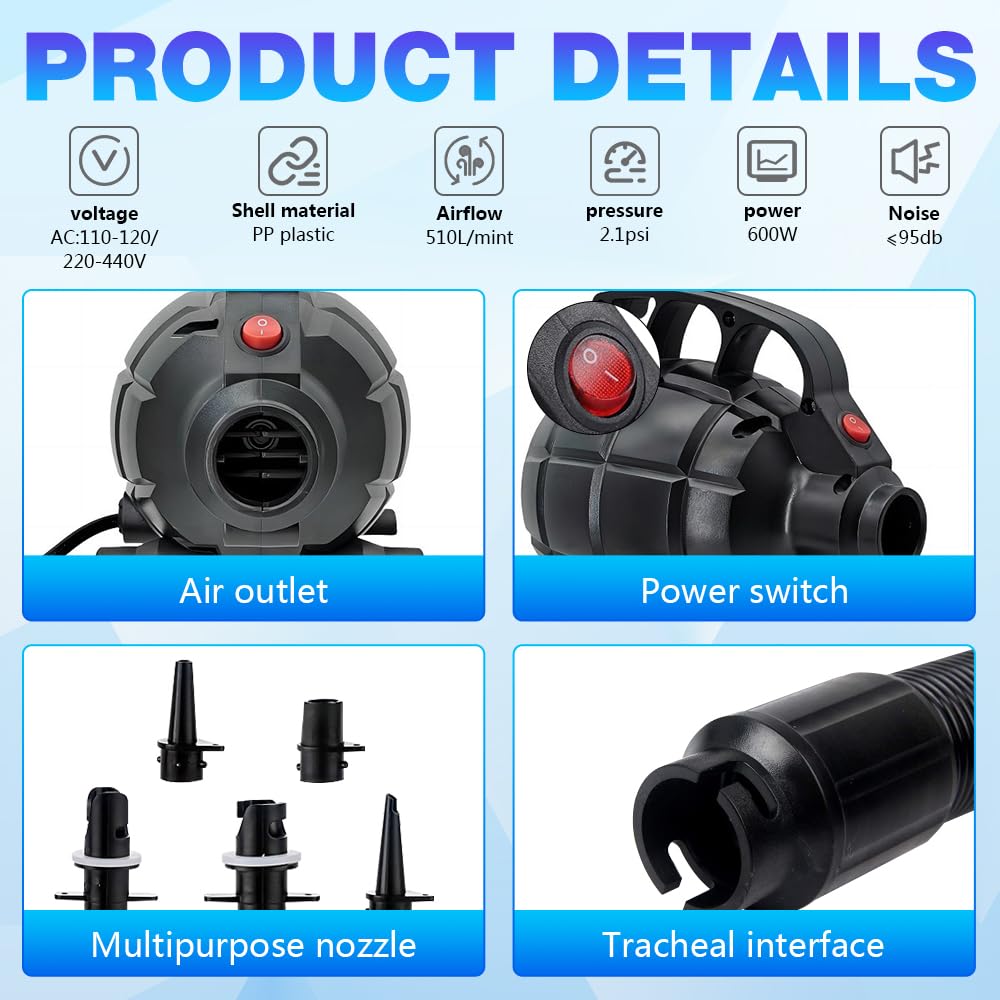 Pompa elettrica per gonfiabili da 600 W, pompa ad aria elettrica ad alta potenza, gonfiatore a riempimento rapido, con ugello di 4 dimensioni, per materasso/letto, tappetino da ginnastica