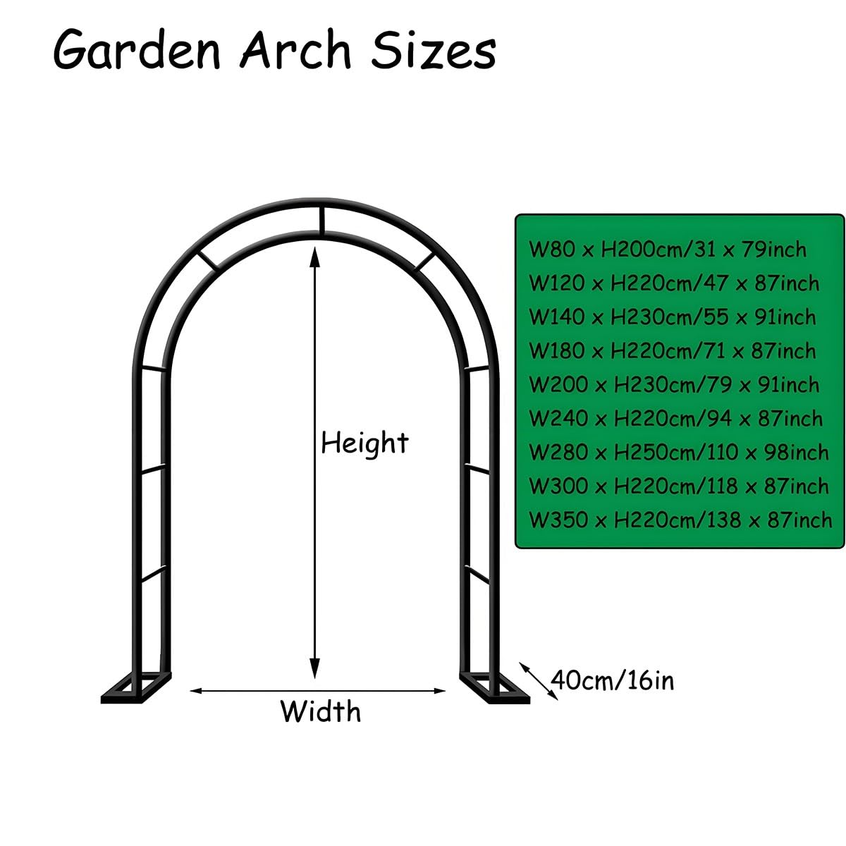 Metall-Gartenbogen für Kletterpflanzen, Rankgitter, Rosenbogen mit Sockel, für Gartenparty, Zeremonie, Grün, 200 x 230 cm (B x H)