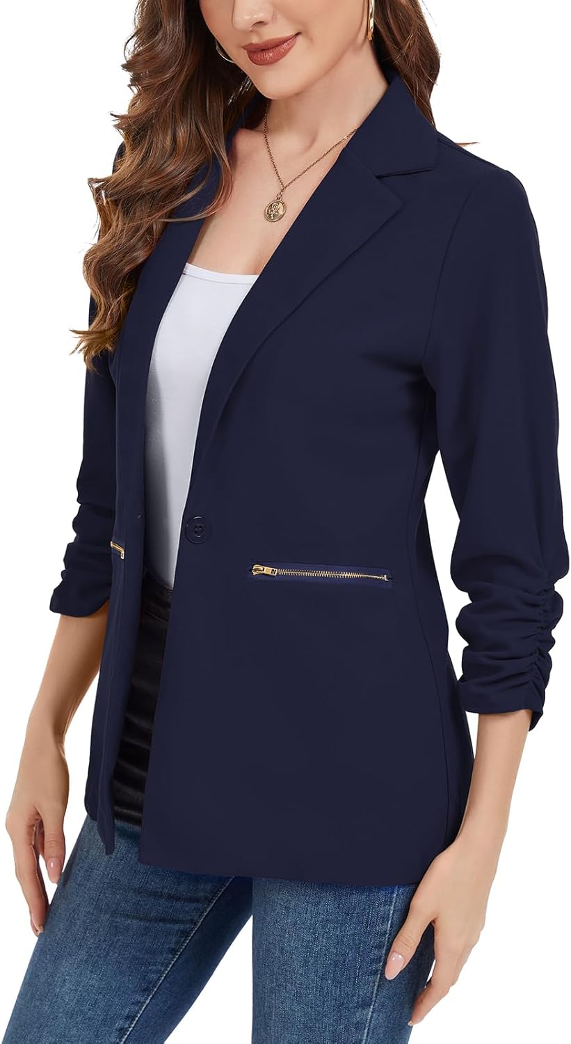 MINTLIMIT Womens Blazer 3/4 Ruched Sleeve Button Front Jackets Casual Work Office Cardigan Suit Jacket with Zipper Pocket - Image 3
