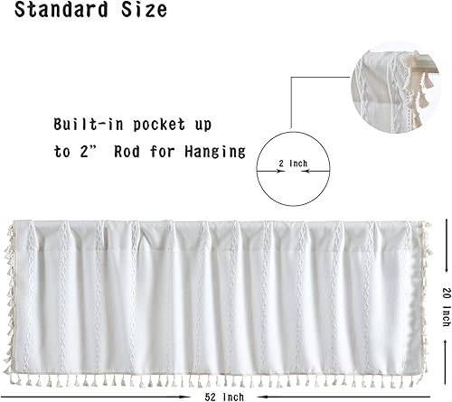 Vista 4 de RoomTalks White Boho Kitchen Valances for Windows Rod Pocket 18’’L x 52’’W Embroidered French Striped Modern Farmhouse Chic Textured Tassel Curtain