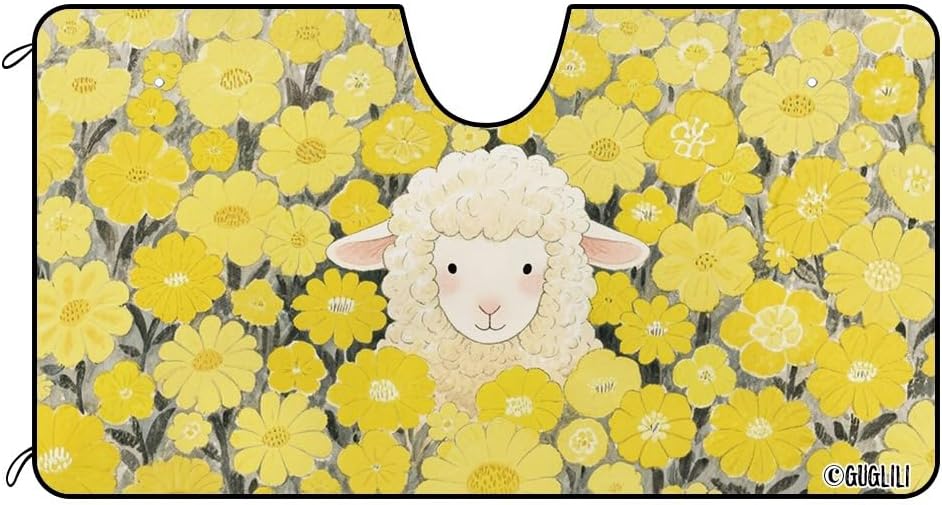 Dog Windshield Sun Shade Front Window Sunshade Sheep & Yellow Florals Design Windshield Cover Blocks UV Rays for Car Truck SUV 51 x 26.8 Inch