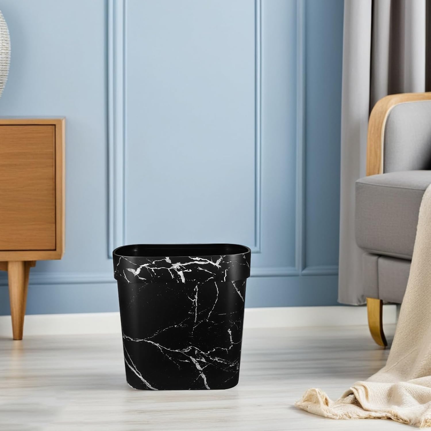 Marble Pattern Oval Plastic Trash Can Narrow Open Top Kitchen Wastebasket for Bathroom Home Office with Press Ring, Lidless Garbage Bin for Storage and Organization