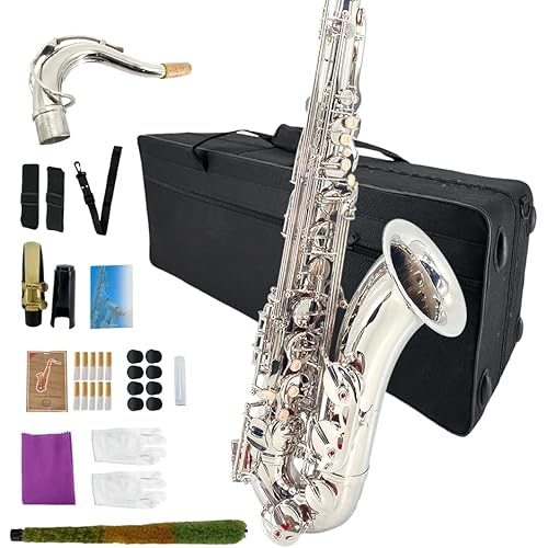 Yinfente Bb Tenor Saxophone Professional Beginner Kit-B Flat Tenor Sax Complete Student Set with Hard Case,Reeds,Cleaning Cloth,Neck Straps,Mouthpiece Silver