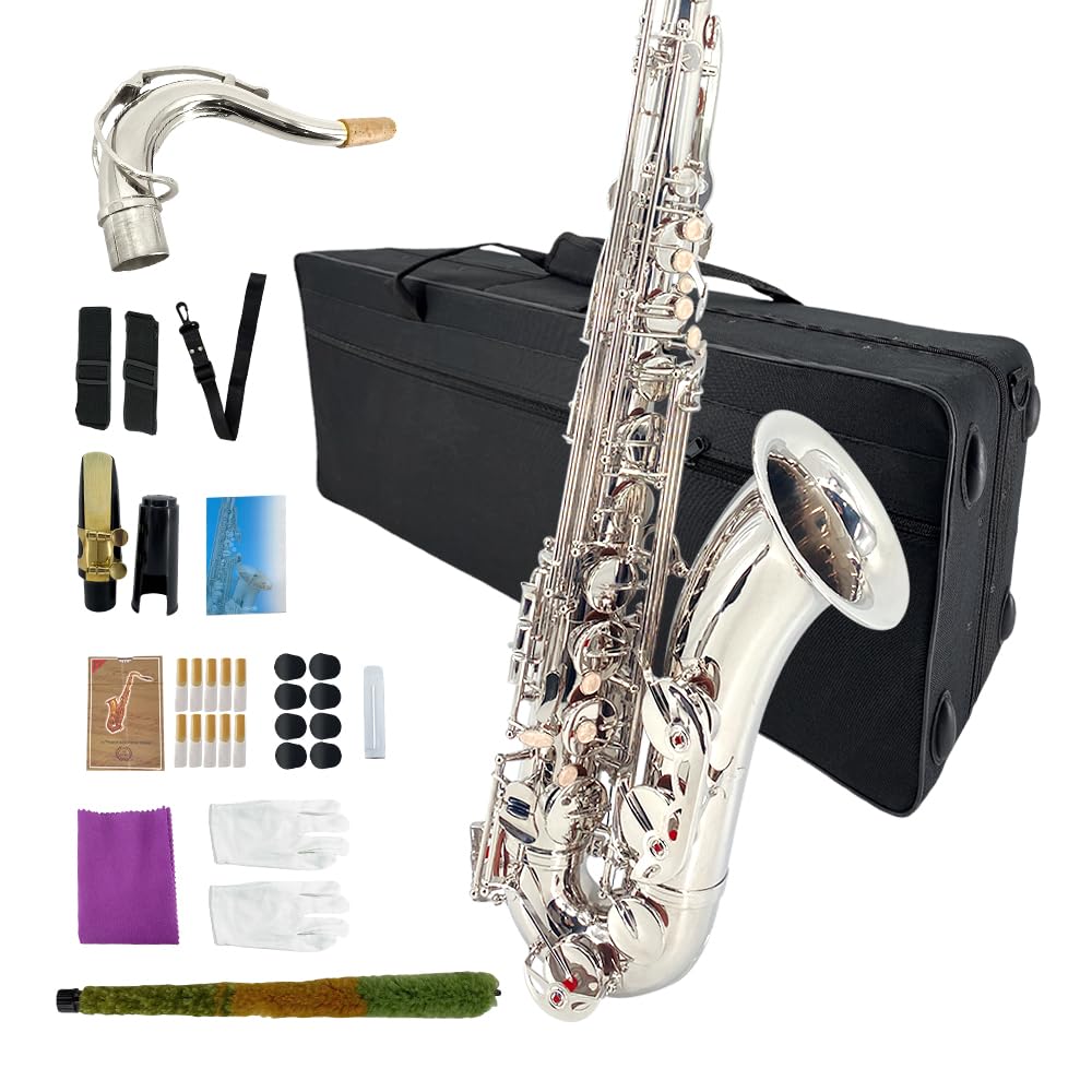 Yinfente Bb Tenor Saxophone Professional Beginner Kit-B Flat Tenor Sax Complete Student Set with Hard Case,Reeds,Cleaning Cloth,Neck Straps,Mouthpiece Silver