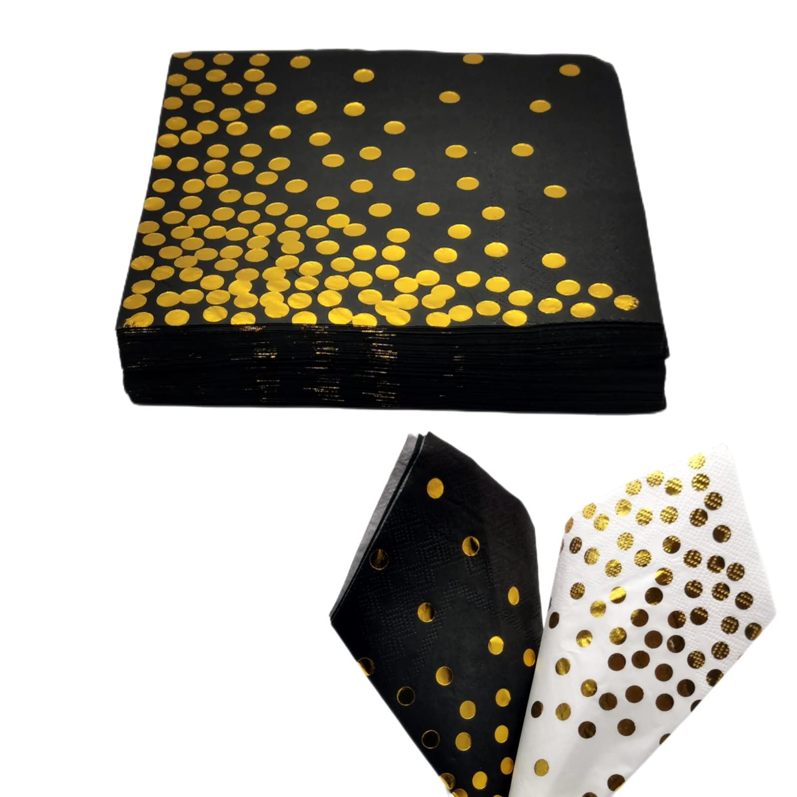 50PCS Black and Gold Polka Dot Party Napkins, 33x33CM Cocktail and Dinner Serviettes