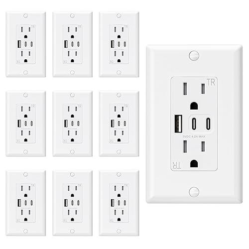 Miniatura 8 de ELEGRP Tomacorrientes USB, toma de pared de 20 amperios con 3 puertos USB, enchufes de puertos USB C duales, receptáculos de salidas USB resistentes