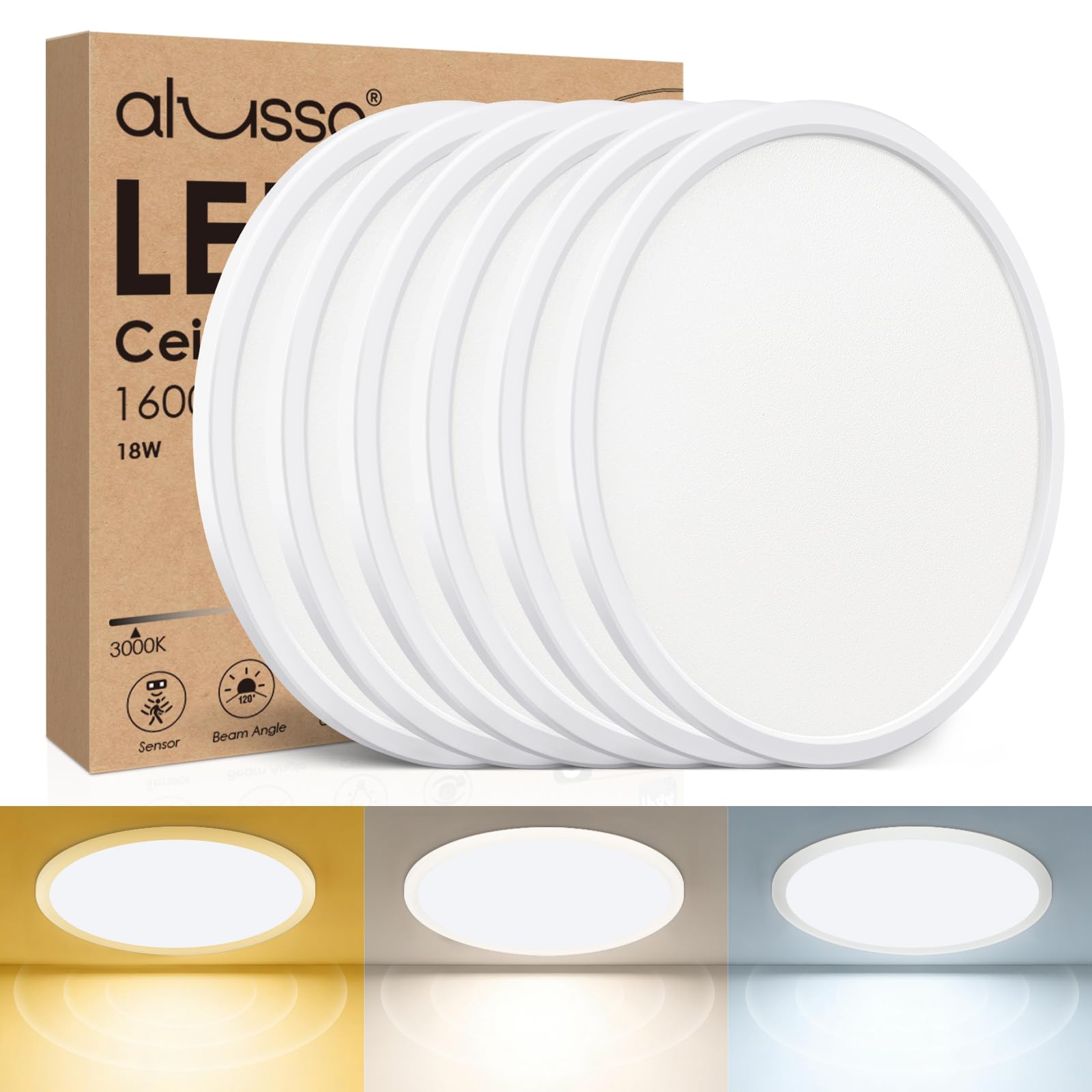 ALUSSO LED Deckenleuchte mit Radar Bewegungssensor, 18W Deckenlampe 3CCT 3000K 4000K 6500K 1600LM, IP44 Wasserdichte Badezimmer Lampe für Wohnzimmer Schlafzimmer Küche Flur Garage, Rund Ø22cm, 6er