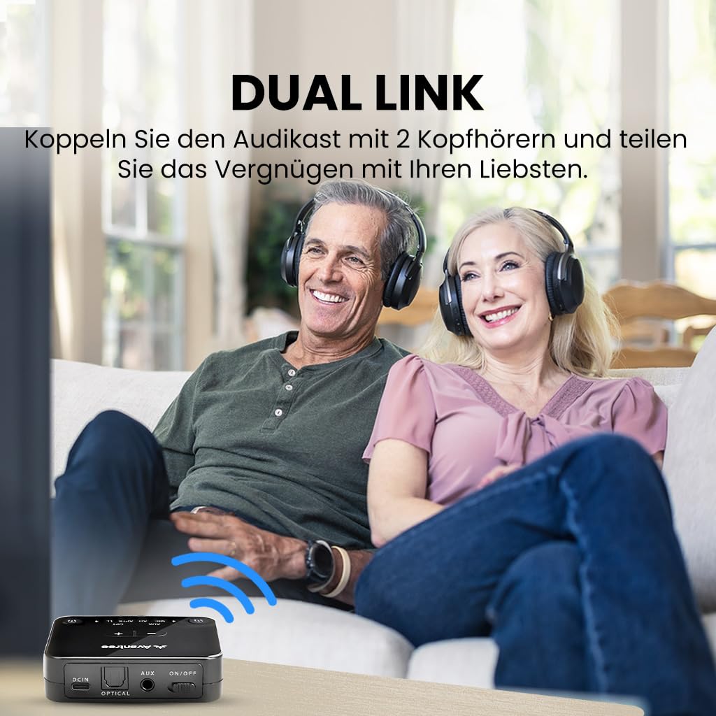 Avantree Audikast 3 - Bluetooth 5.3 Transmitter Sender für TV mit Optischem oder AUX-Audioausgang, aptX-Adaptive, Dual Link für 2 Kopfhörer und 30 Meter Reichweite