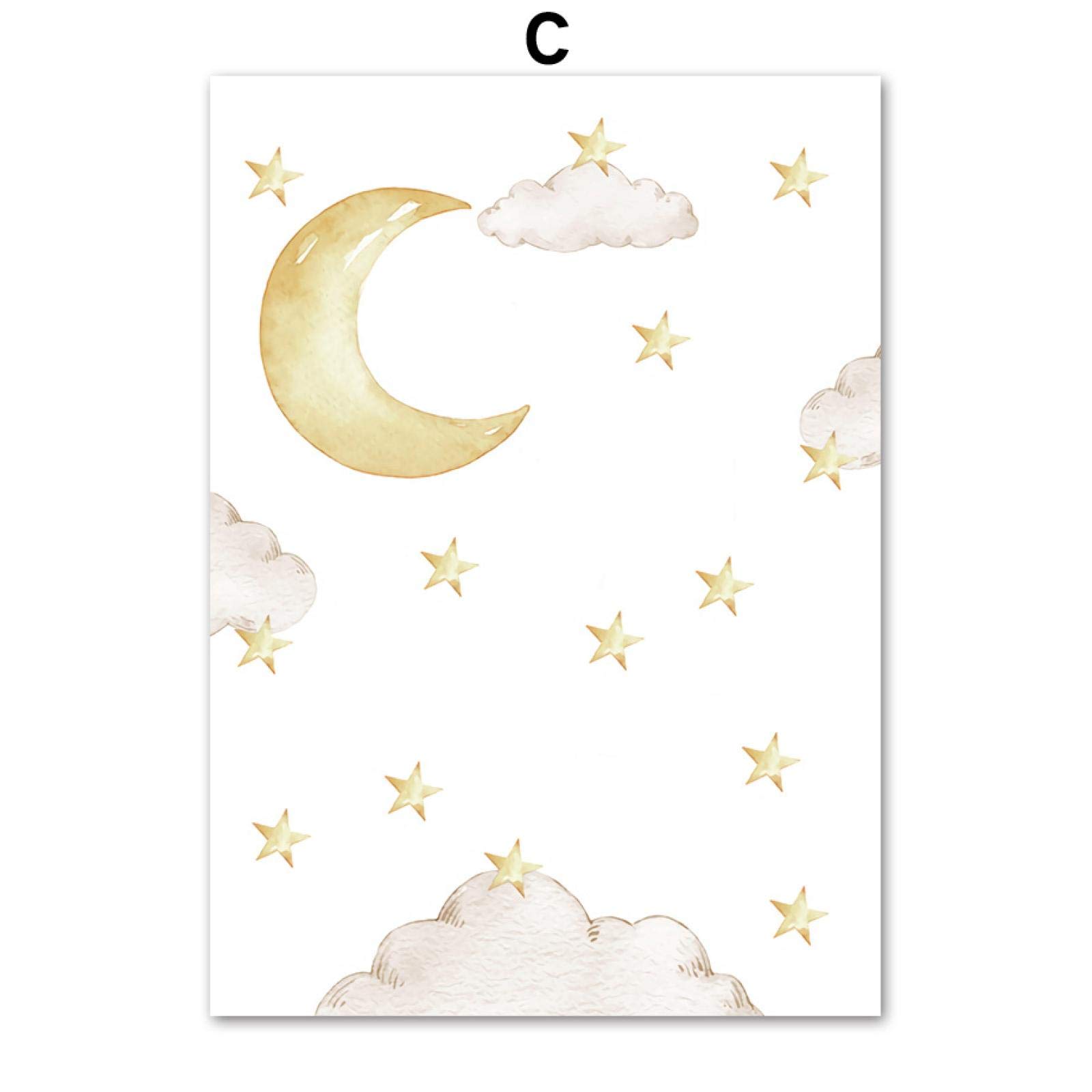XIANGPEIFBH Éléphant Étoile Lune Nuage Pépinière Toile Mur Art Peinture Nordique Affiches Et Gravures Photos Bébé Enfants Chambre Décor 40x60cm (16x24in) x3 Cadre Intérieur
