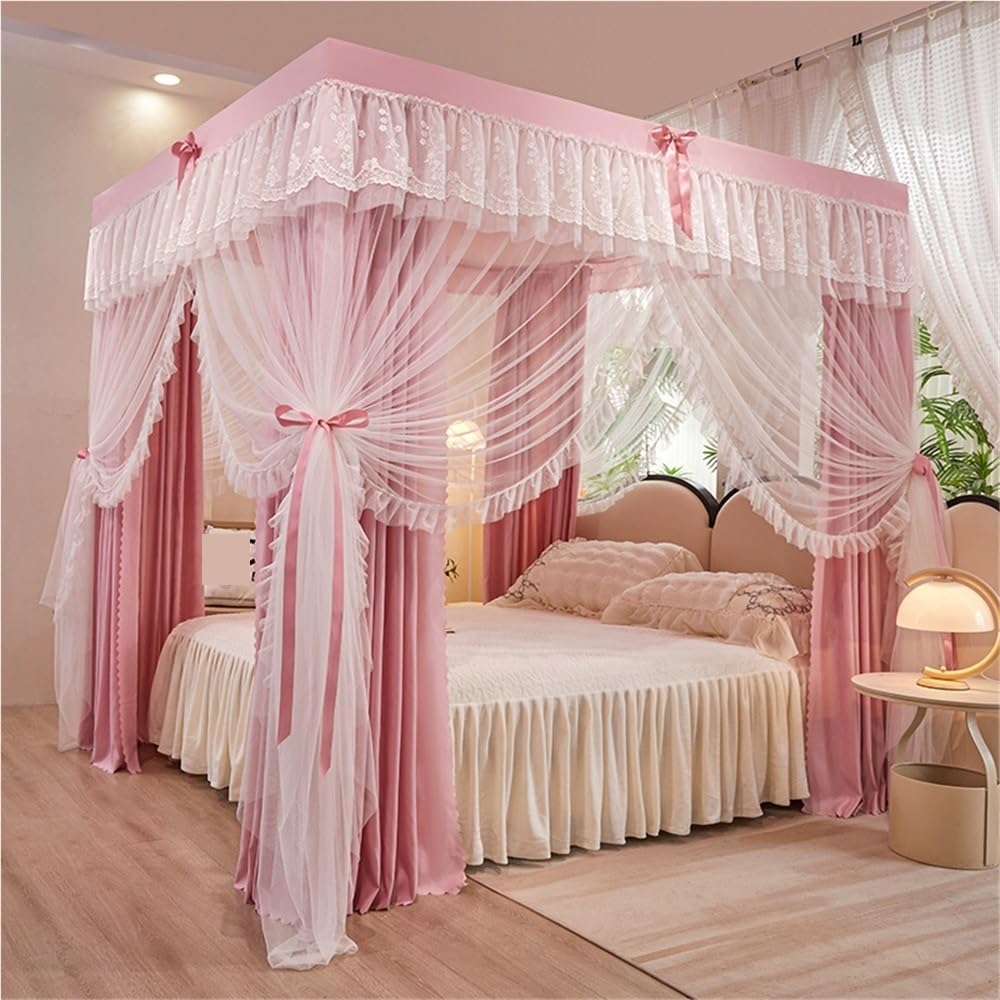 Elegant 4-Poster Bed Canopy Set with Iron Frame, Princess Canopy Bed Curtains with Mosquito Netting, Double Drape Netting Bed Curtain for Full, Queen, King Beds(Pink,W59 x L78.7in)
