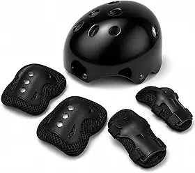 Kit de Segurança Infantil 7 Peças Preto com Capacete Esportivo, Joelheiras, Cotoveleiras e Munhequeiras Ajustáveis para Bike, Patins, Skate, Patinete e Brincadeiras ao Ar Livre