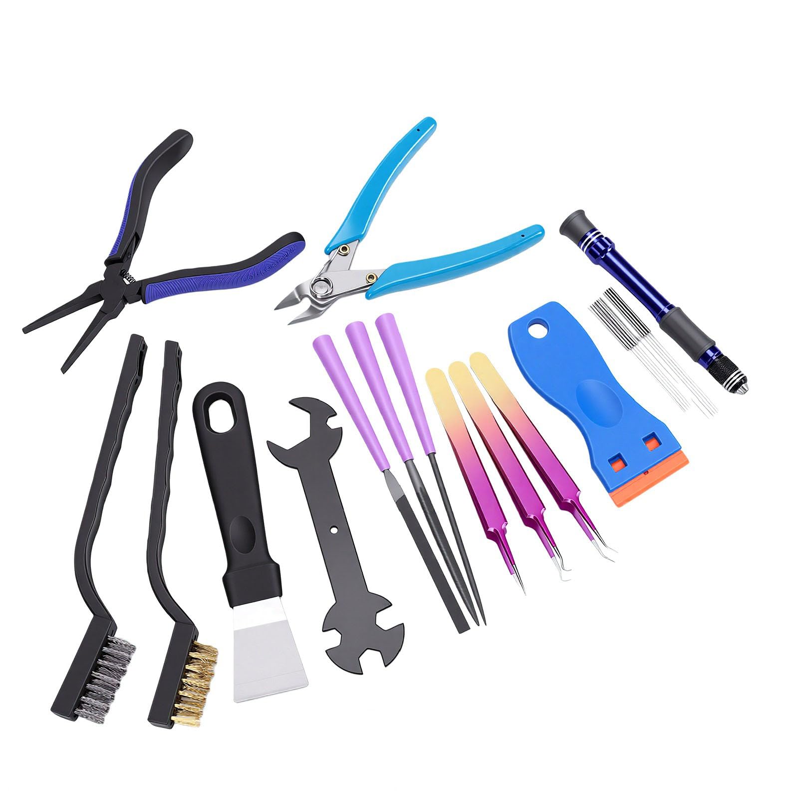Fafeicy Kit de Posprocesamiento de Impresión 3D, Juego de Herramientas de Recorte y Desbarbado | Herramientas de reparación artesanal de acero de dureza, agarre antideslizante, estuche de transporte con cremallera para