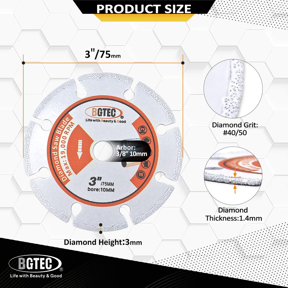 BGTEC Disco de corte de metal de diamante, 10 piezas Hoja de diamante de rueda de corte soldada al vacío de 75 mm para cortar metal de carburo, aleaciones, hierro, acero inoxidable