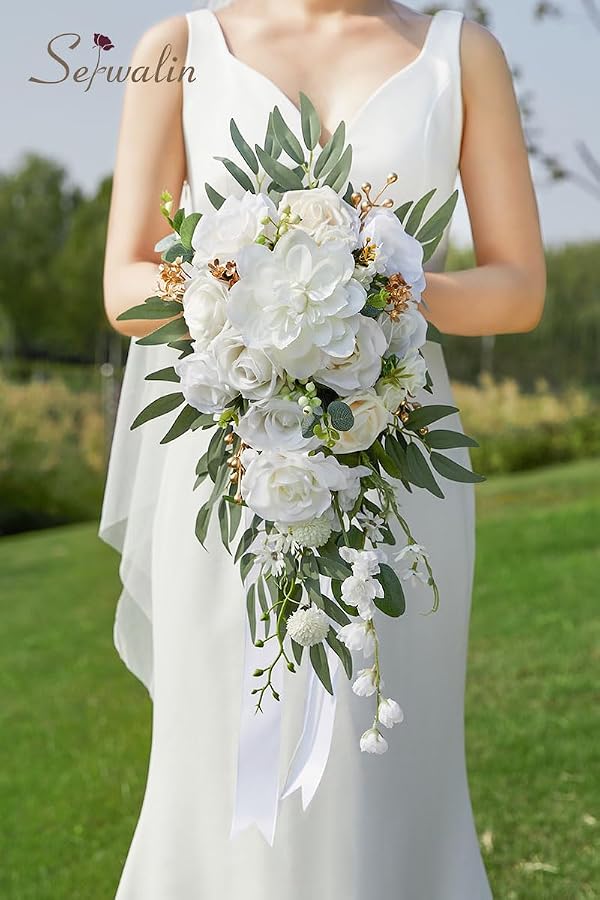 Serwalin 10 Inch Wedding Bouquets for Bride,Ivory Bridal Bouquet of Fake Flowers, Bridesmaid Bouquets for Wedding Ceremony Bridal Shower and Anniversary Day Decor by Serwalin - Used condition - Image 3