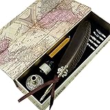 GC QUILL Antique Feather Quill Pen Set with Golden Calligraphy Holder and Hand Carved Dip Stem