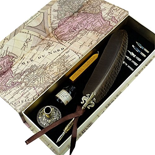 GC QUILL Feather Quill Pen Set- 100% Hand Craft - Golden Calligraphy Pen Holder Hand Carved Dip Pen Stem Best Antique Executive Gift