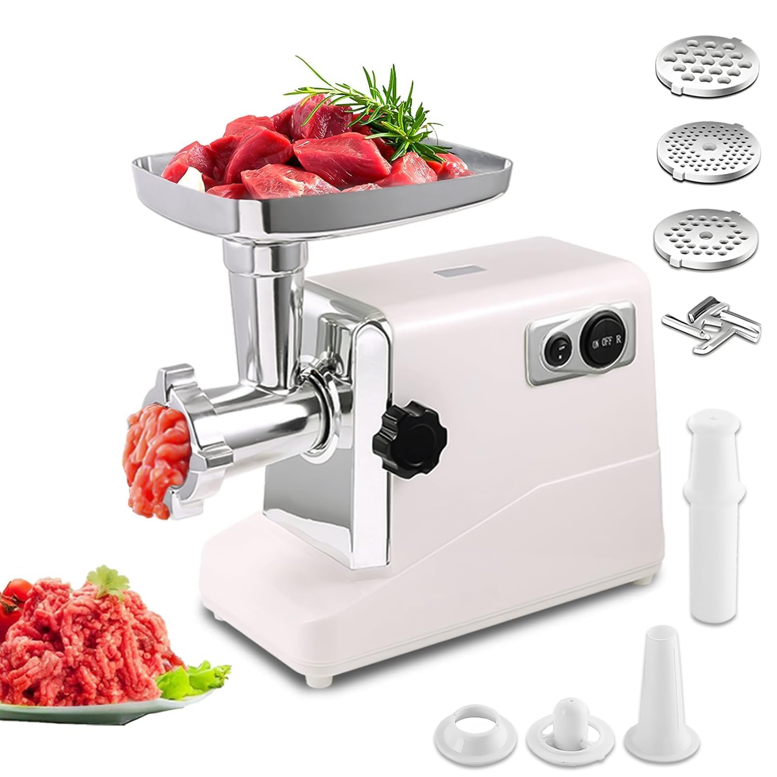 VNIMTI Meat Grinder Electric, 3500W Meat Mincer Machine, Stainless Steel Sausage Maker for Home Using with 3 Cutting Plates, Sausage Stuffer Tube & Kubbe Kit Kitchen(Classic - White)