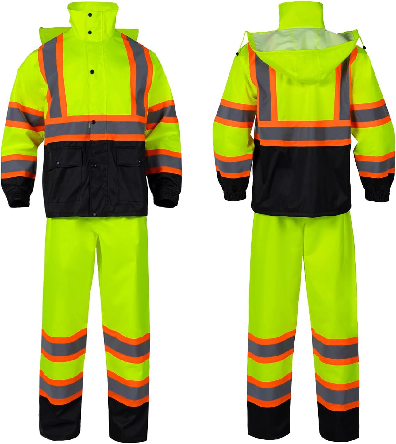 Class 3 High Visibility Rain Suit With Detachable Hood Waterproof Lime Reflective Safety Worker Jacket & Pants (L/XL Yellow)