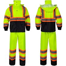 Class 3 High Visibility Rain Suit With Detachable Hood Waterproof Lime Reflective Safety Worker Jacket &amp; Pants (L/XL Yellow)