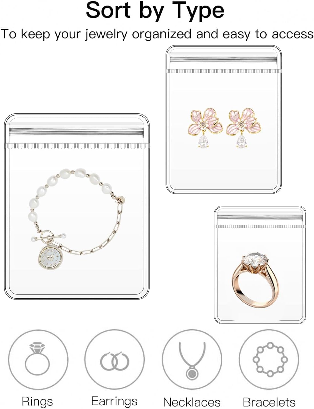LETGO 120 pcs 3 Sizes Clear PVC Jewelry Bags Plastic Transparent Jewelry Pouches for Rings Earrings Packing Storage Pouch Anti Tarnish Zip Lock Bags for Holding Jewelries (Clear, 3 Sizes Mixed)