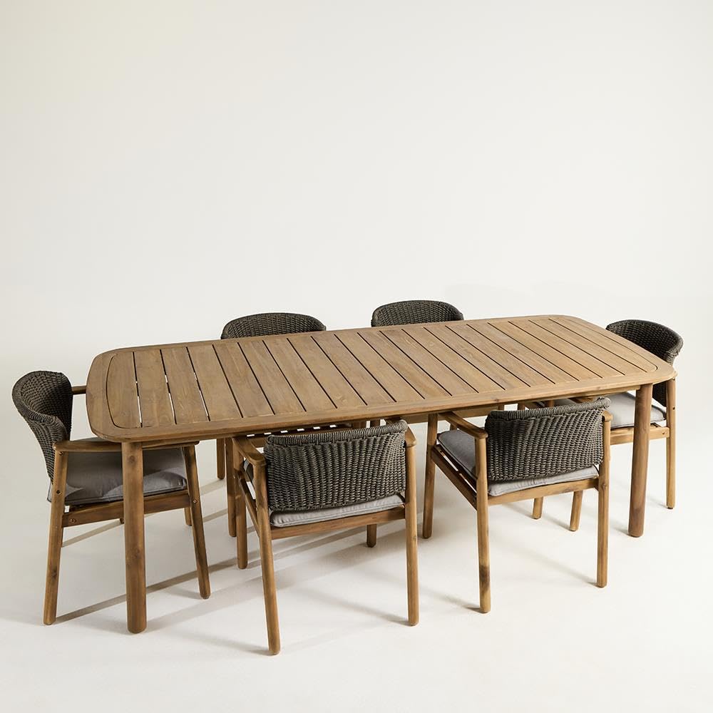 WSG Jakarta Garden Dining Furniture Set 6 Seater Contemporary Rope & Grey Cushion Chair Acacia Table