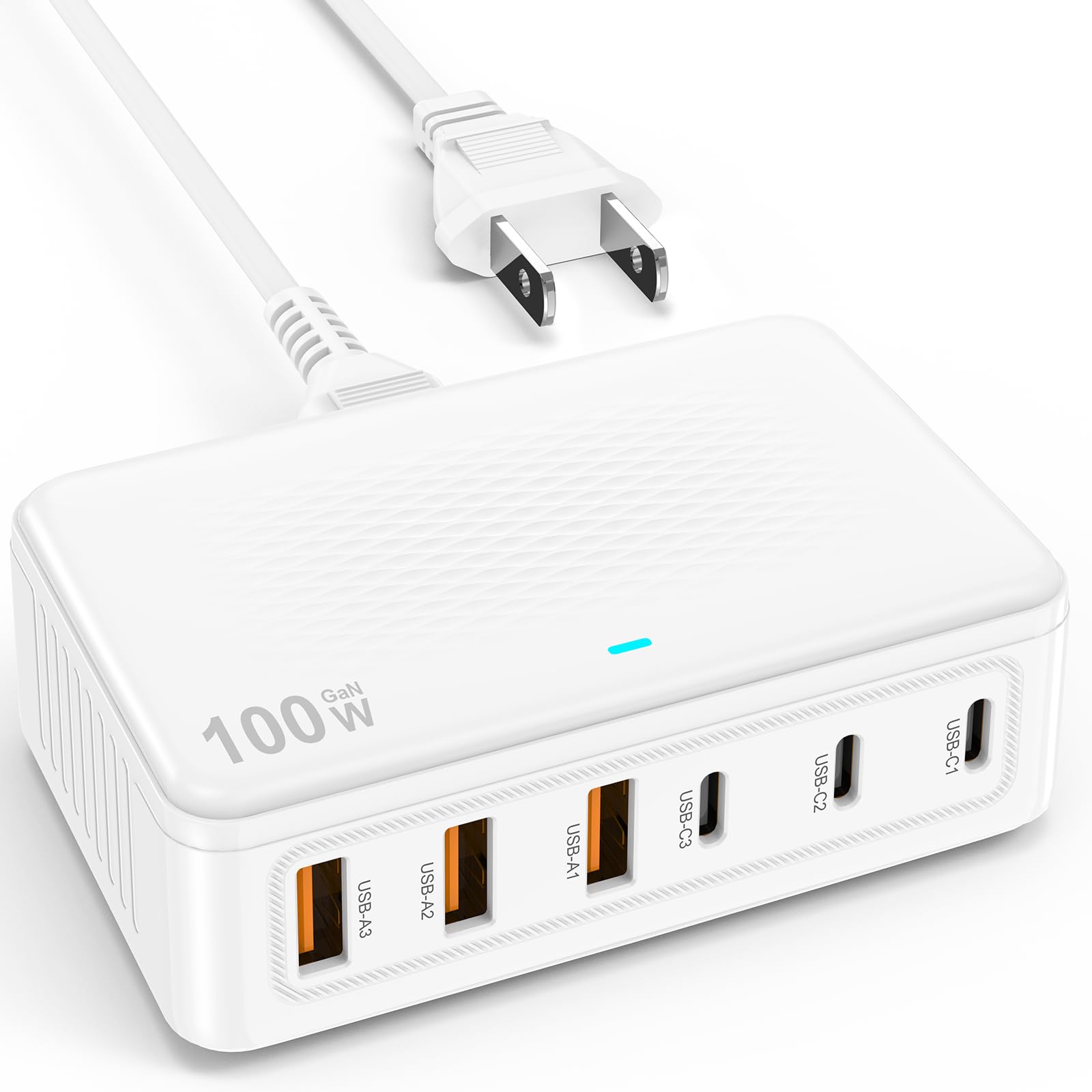USB C Fast Charger Block 100W GaN 6 Port PD USB C QC USB A Wall Charger Type