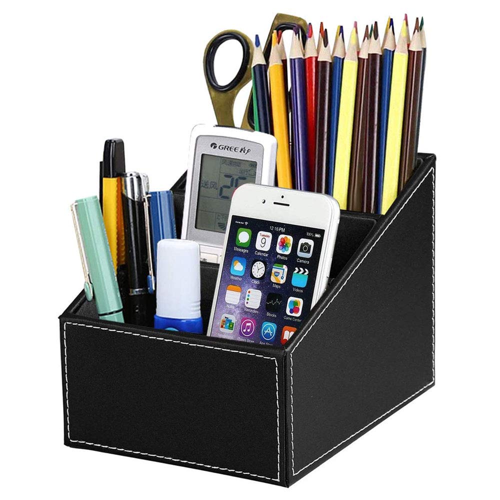 1 Pezzi Organizer da Scrivania Ordinato, Supporto per Telecomando In Pelle PU, Pelle Portaoggetti da Scrivania, 3 Scomparti Pelle Multifunzione Porta Penna per Penne, Matite (Nero)