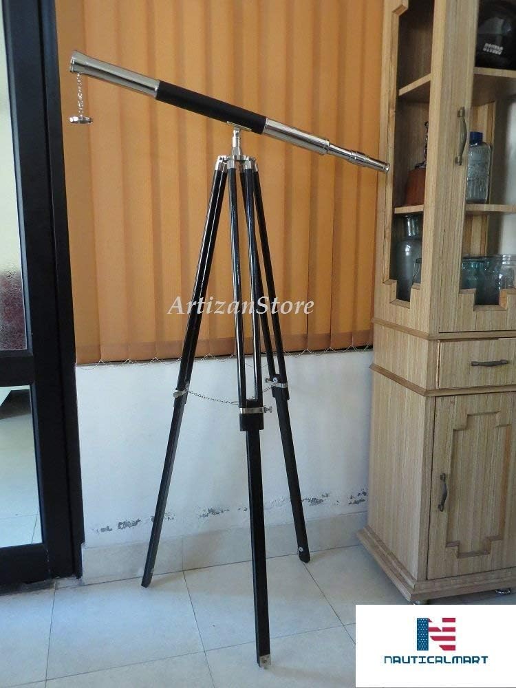 Nautical Leather Admiral Floor Standing Telescope 60" - Nautical Home Decor - Vintage Brass Telescope