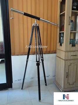 Nautical Leather Admiral Floor Standing Telescope 60" - Nautical Home Decor - Vintage Brass Telescope