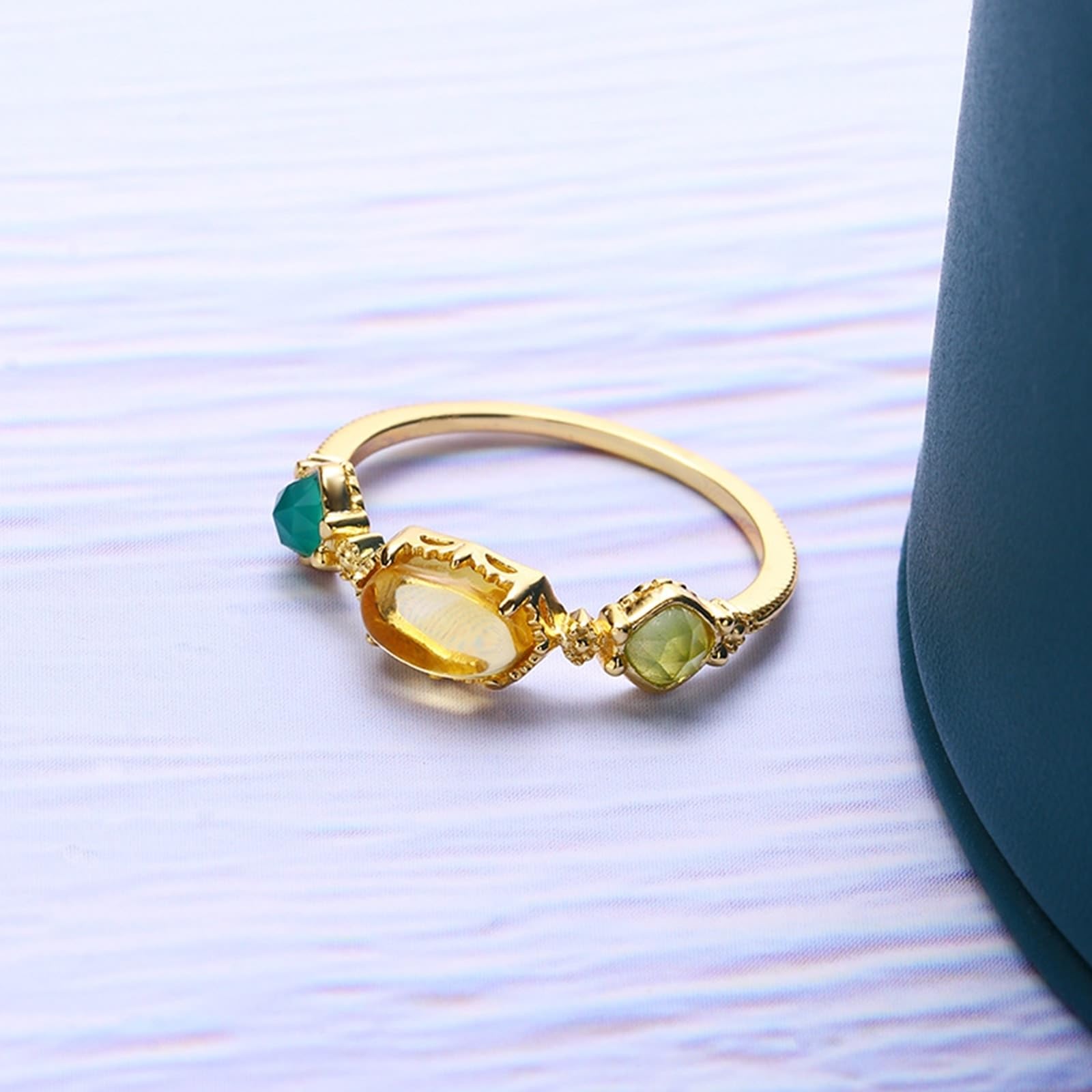 Alianzas de oro amarillo de 9 K/14 K/18 K con citrino amarillo ovalado, 3 piedras
