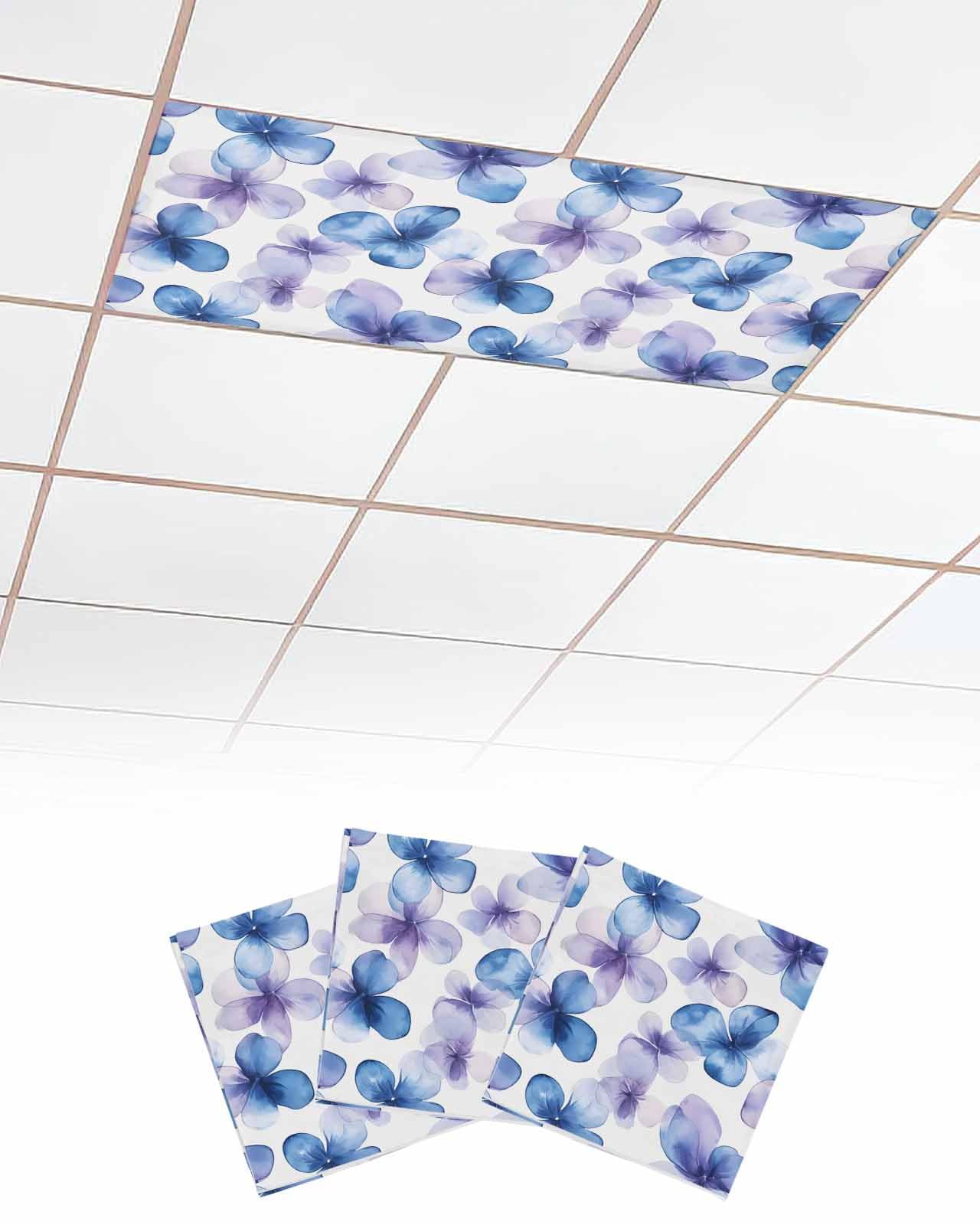 EwdeWwo Pansy Flower 3 Pcs Fluorescent Light Covers for Ceiling Lights, Watercolor Blue Purple Floral Magnetic Light Filters for Eliminate Harsh Glare Classroom Office Decoration, 4 x 2 Ft