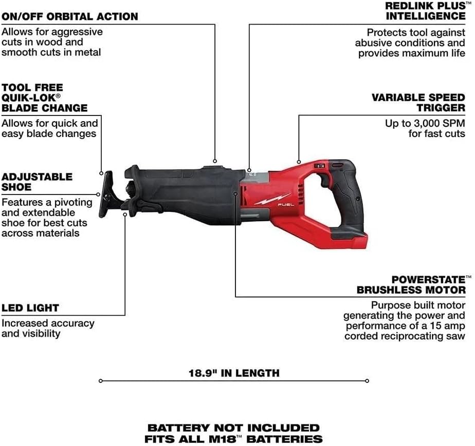 2722-20 Power Reciprocating Saws fits for Milwaukee M18 FUEL Brushless Cordless Reciprocating Saw - Tool Only