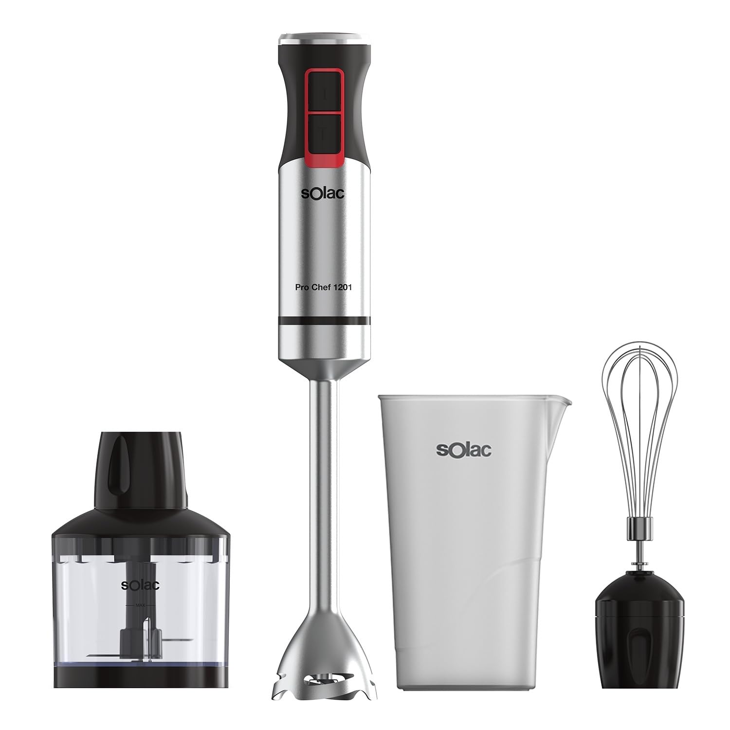 Solac - Pro Chef 1201 Hand Blender, 1200W, 21 Adjustable Speeds + Turbo, 4 Stainless Steel Blades, Ice Pick, Anti-Splash, Accessories Included, Measuring Cup, Black and Metallic