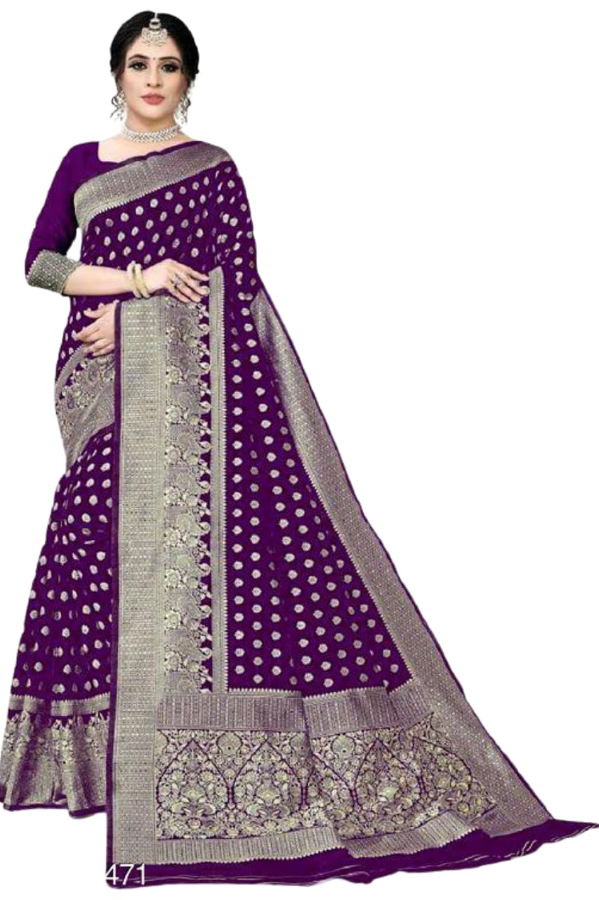 Women's Elegant Silk Saree with Silver Zari Border & Polka Dot Design Saree Ethnic Saree with Designer Blouse 5.5 Meter Saree 0.8 Meter Unstitched Blouse Piece_Purple-image-38
