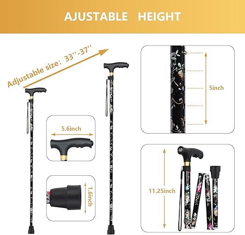 Miniatura 2 de JUNRA Bastón con luz LED, bastón para mujeres y hombres, plegable y plegable, bastón de equilibrio para mujeres mayores (flores negras)