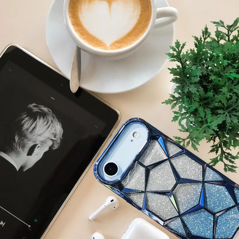 Image of VONZEE Gradient Glitter Back Cover Case Compatible with iPhone 17 Air, Luxury Electroplated 3D Cube, Diamond Bling Shiny Soft TPU Clear Shockproof Women Girls Protective Phone Cover (Sierra Blue)