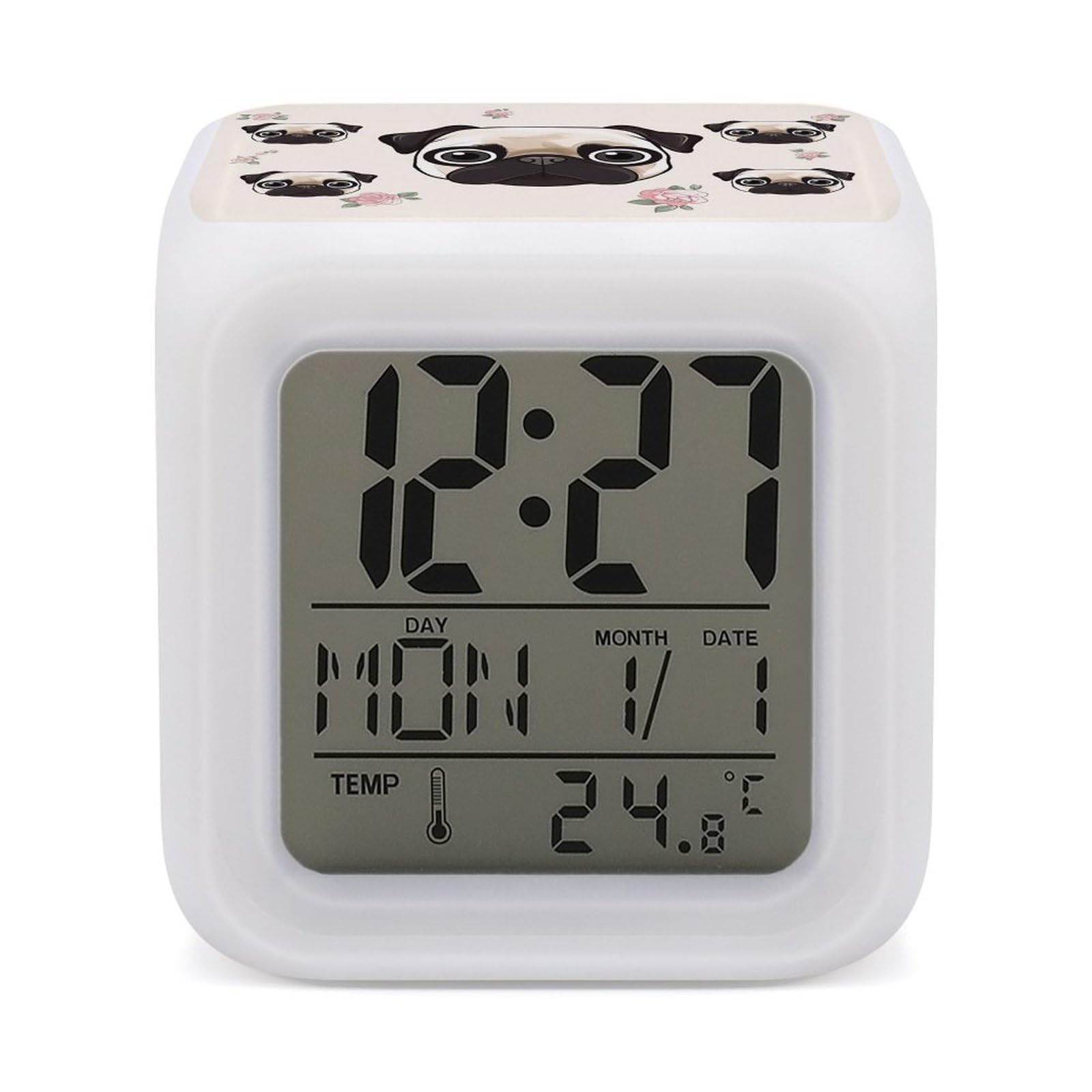 FekiLoot Line Pug Alarm Clock for Heavy Sleepers Wake Up Digital Clock with 7 Color Changing Night Light Super Loud Digital Alarm Clocks Small Machine Alarm Clocks