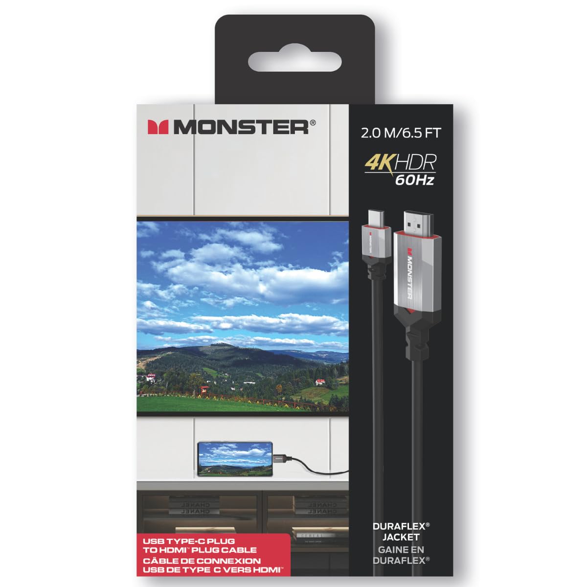 Monster Cable USB C vers HDMI, UHD 4K HDR 60Hz, Essentials, Plug & Play, 2m