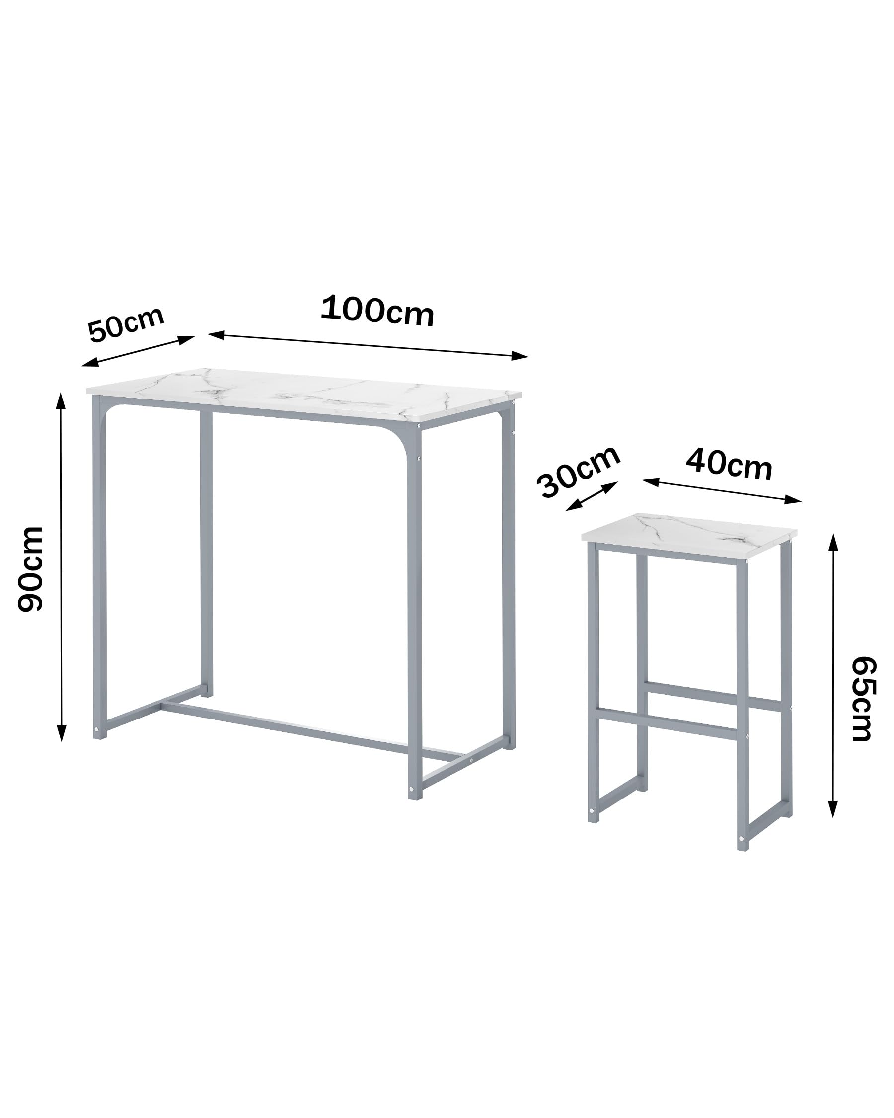 Mesa Alta 100x50cm, Mesa Alta Cocina con Taburetes, Mesa Bar, Mesa de Bar, Barra Cocina, Tablero Efecto Mármol Blanco con Estructura Plata Mate