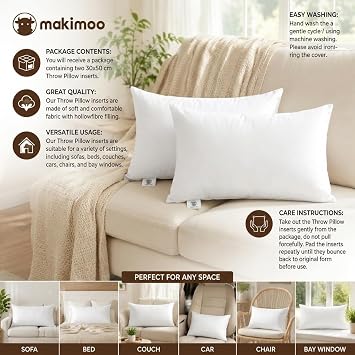 Throw Pillow Inserts 30 x 50cm (12 x 20), Cushion Inserts, Hollowfibre Filling for Sofa, Bedding Cushion Pads (Pack of 2)