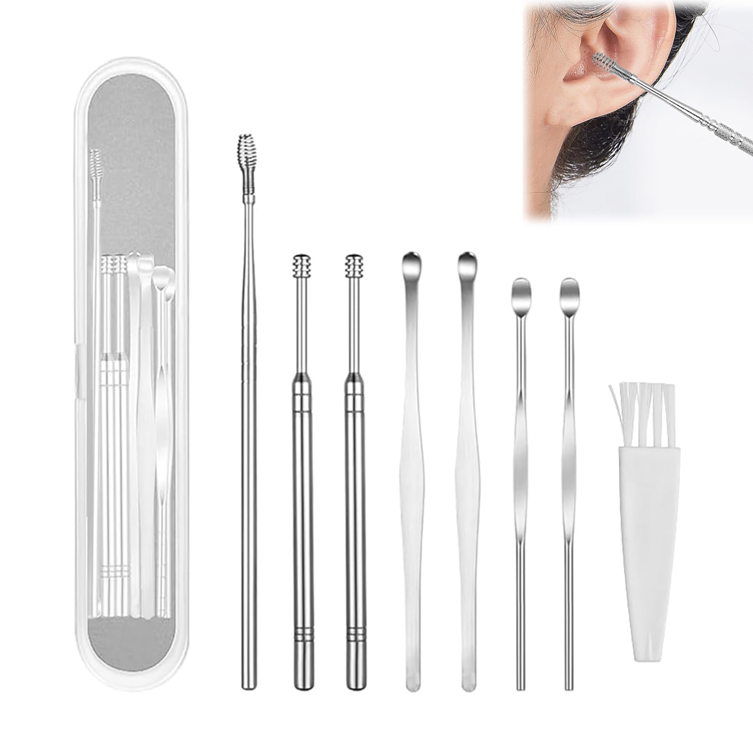 Kit de 8 piezas para la extracción de cerumen, juego de herramientas de limpieza de oídos, cureta limpiadora de oídos, herramienta para eliminar cerumen con cepillo de limpieza (plateado)