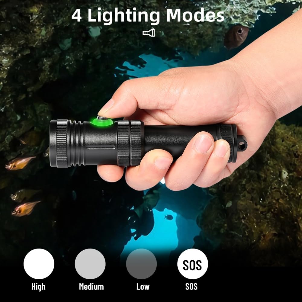 WindFire Dive Light Diving Flashlight - Rechargeable Underwater Scuba Torch, 4 Lighting Modes Underwater Scuba & Snorkeling Torch for Scuba Diving, Caving (Blue)