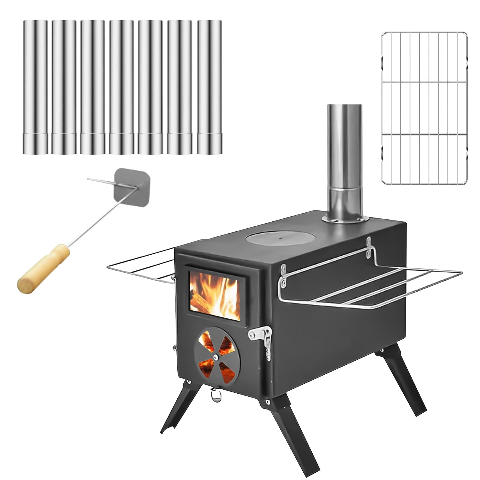Qivine Portable Tent Camping Stove, Foldable Camping Wood Stove, Neat & Compact Hot Tent Stove with Chimney, No Smoke Leakage & Easy to Install for Camping Heating Cooking Ice Fishing