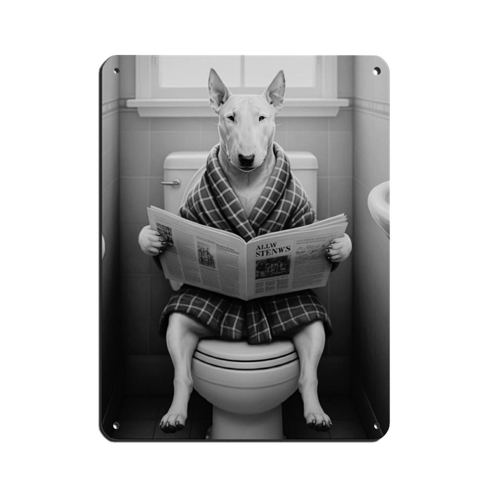 Bull Terrier on Toilet Reading Newspaper Tin Sign Vintage Metal Pub Club Cafe Bar Home Wall Art Decoration Poster Retro 12x16inch(30x40cm)