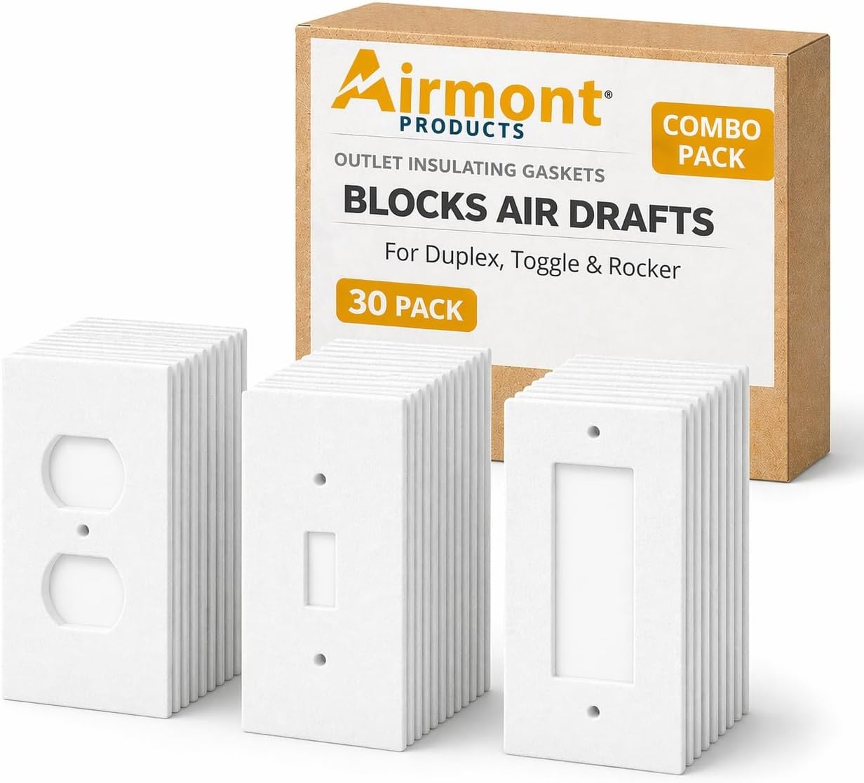(30 Pack) Airmont Products Duplex Outlet Insulation Draft Sealers – Foam Gasket Insulation Pads for Electrical Wall Plates & Outlet Covers, Air Seal Draft Stopper, Weatherproof & Energy Saving