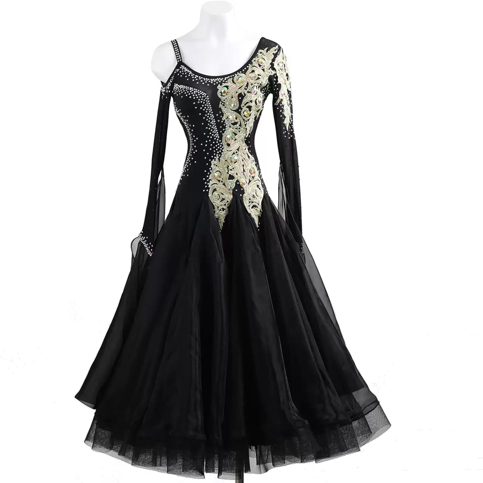 purpleq Asymmetrisch Turniertanzkleid Damen mit Strass Spitze Standardsaal Walzer Modern Tanzkleid Gesellschaftstanz Kleid für Performance Training Bühnenbekleidung Abend