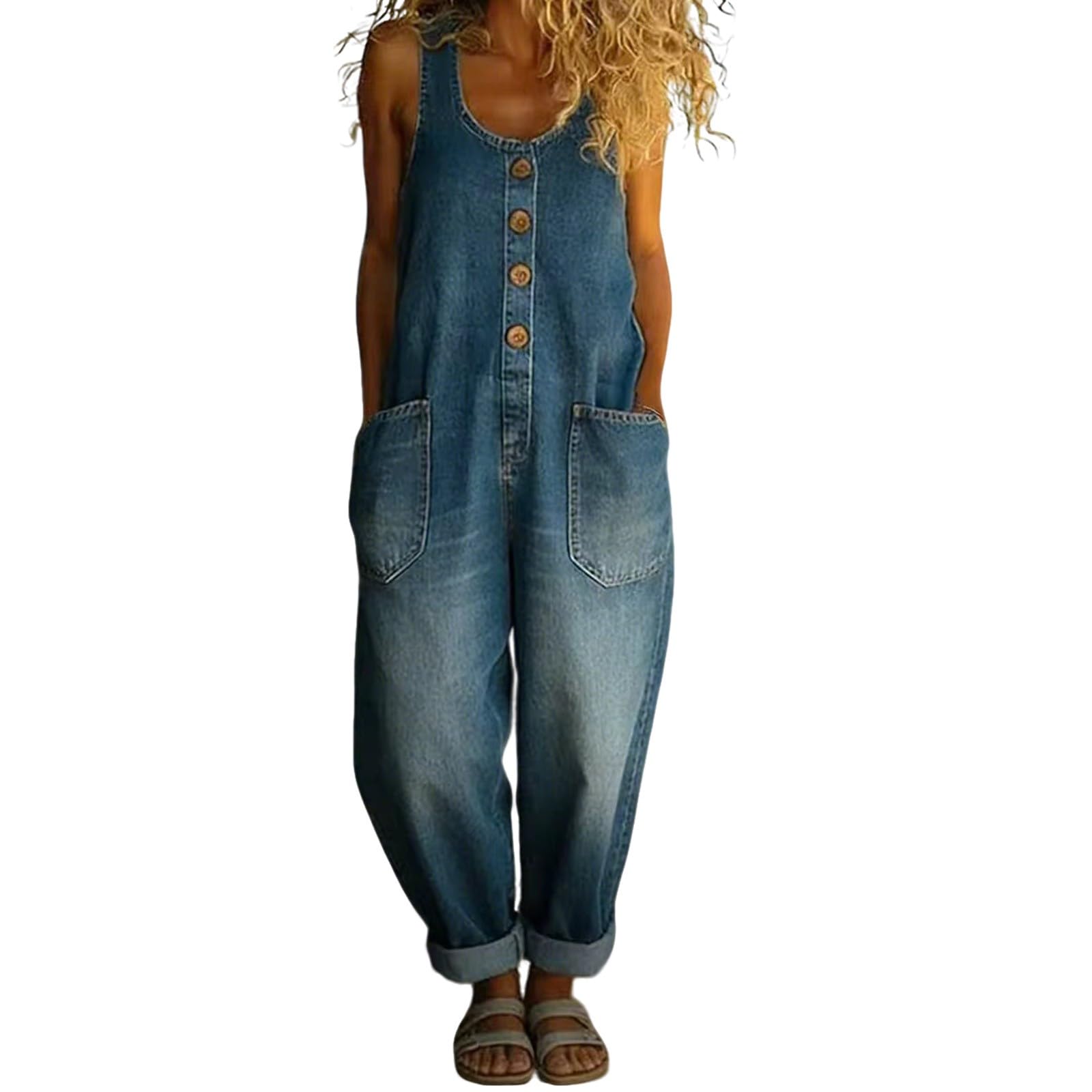 Combinaison Femme Jean Coton Lavé Boutonnée sans Manches Grandes Poches Coupe Ample Décontractée Rétro Salopette Pantalon Travail Chic Été Quotidien Vacances Loisirs