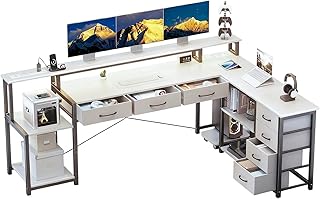 Schreibtisch L Form mit Schubladen, Gaming Tisch mit Steckdose, LED & Monitorständer, 200 x 146cm , 7 Stoffschubladen, Computertisch für Büro Arbeitszimmer Schlafzimmer (Weiß)