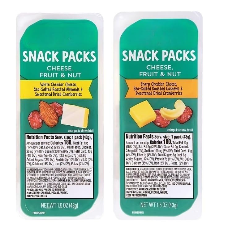 Cheese Fruit & Nut Snack Packs , Are perfect for an on-the-go snack! Featuring 12 individual packs and two varieties - six with Natural Sharp Cheddar Cheese, Sea-Salted Roasted Cashews and Sweetened Dried Cranberries, and six with Natural White Cheddar Cheese, Sea-Salted Roasted Almonds and Sweetened Dried Cranberries. The packs feature two compartment trays, one with bite size pieces of cheese and the other with a blend of fruit and nuts. [ 18 oz , 1.12 lb ]