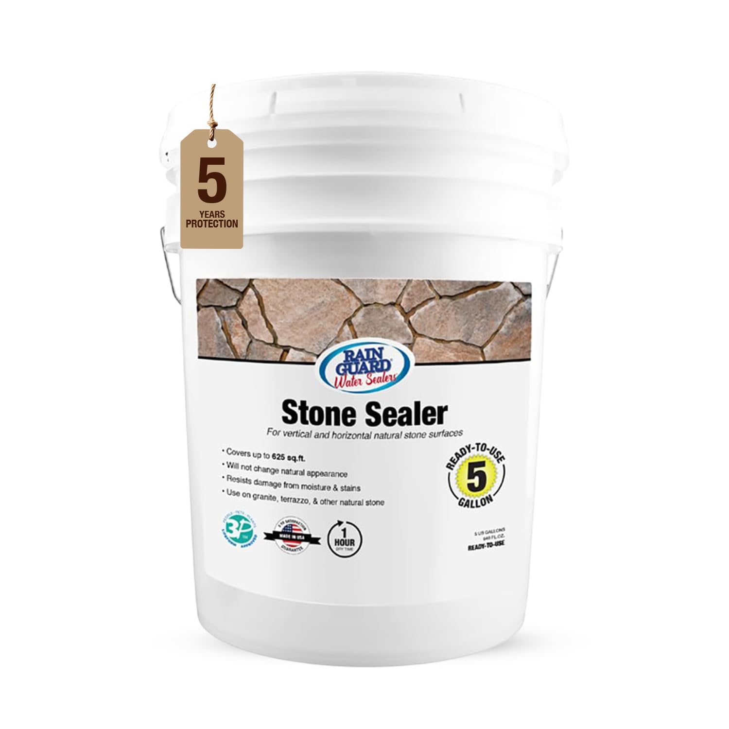 Rainguard Water Sealers Stone Sealer, Penetrating Protection Against Moisture Damage and Stains, for All Stone Surfaces, Silane/Siloxane Waterproofer, Natural Finish, Ready to Use, 5 Gallons